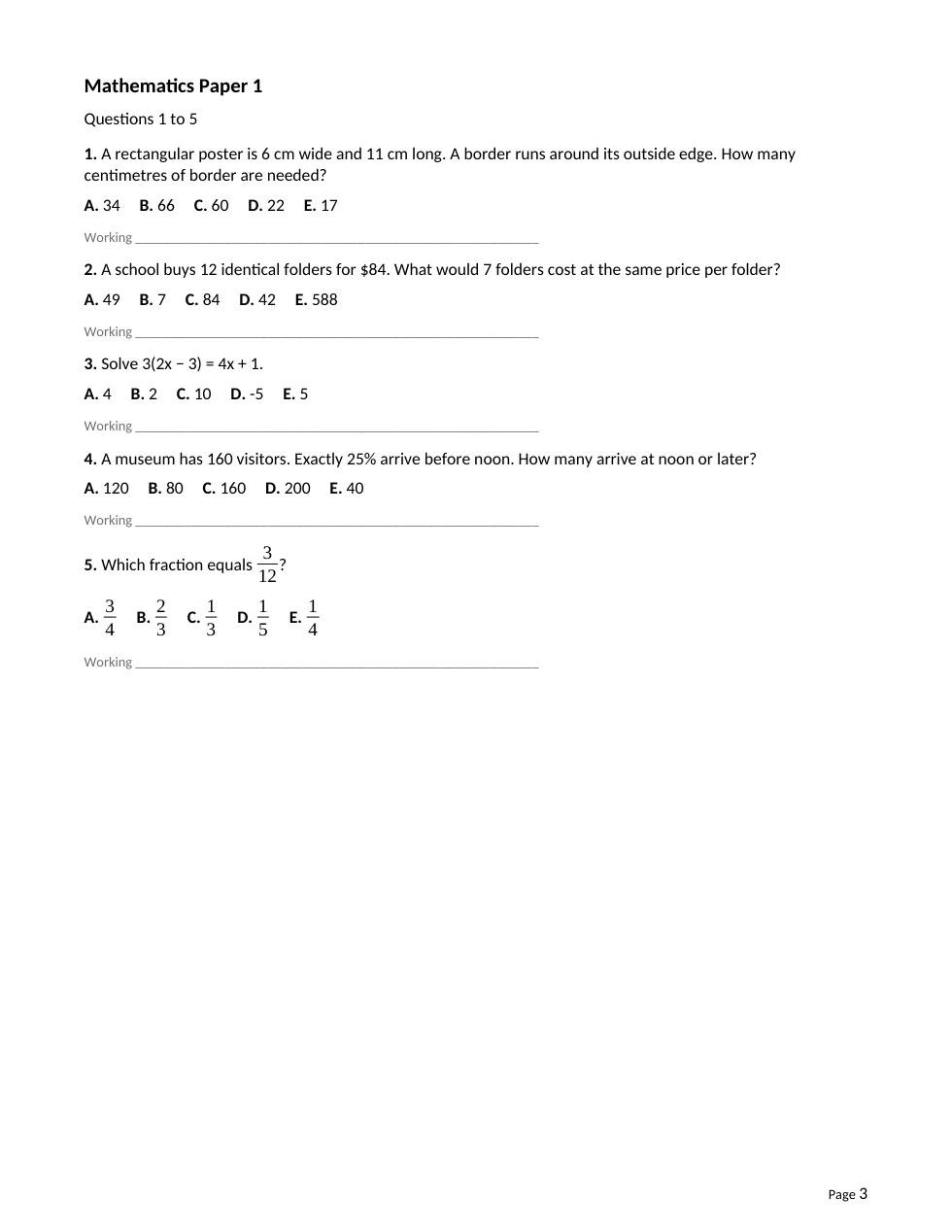 Mathematics paper with multiple-choice questions and working space