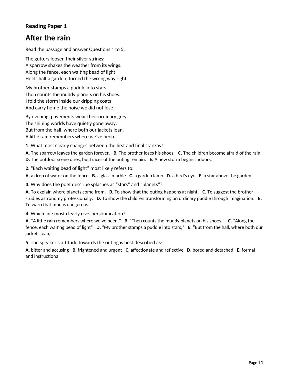 Reading paper featuring an original poem and comprehension questions
